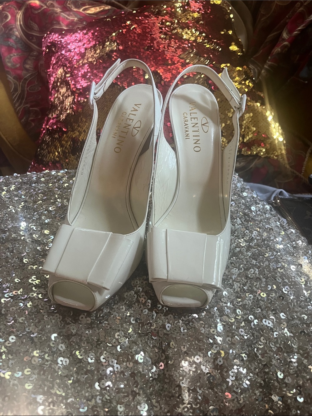 Valentino Garavani Cream Patent Peep-Toe Slingback Heels with Bow